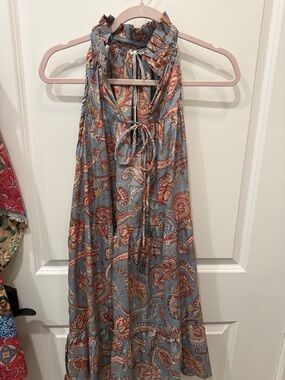 “Karma Highway” Sleeveless Paisley Maxi Dress in Dusty Blue & Rust